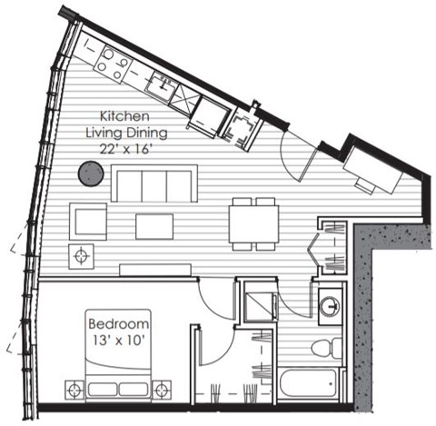 Floor plan for 1 bed, 1 bath, 707 sqft